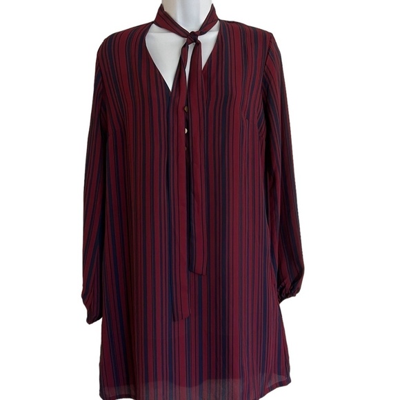 Wine and Navy Striped Dress | Tie Front and Button Detail - Picture 1 of 5